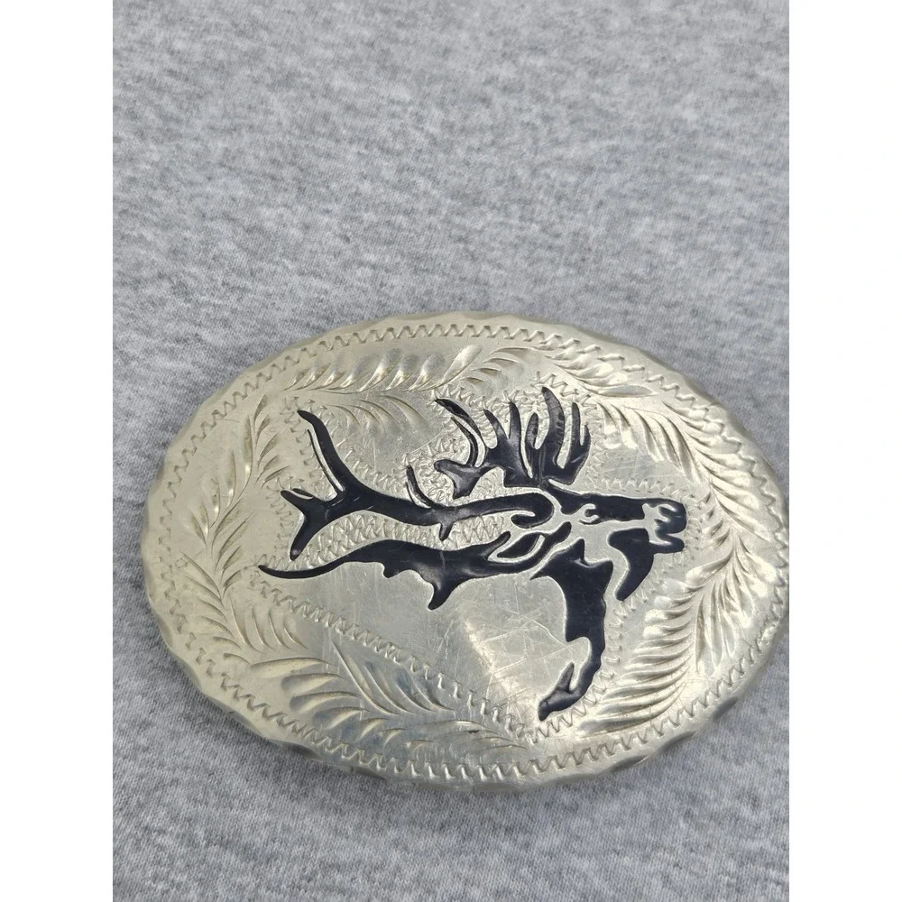 Vintage Handmade Wil-Aren Deer Caribou Onyx Black Inlay Belt Buckle Hunting